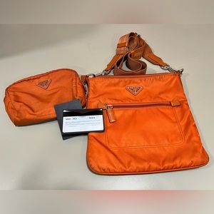 PRADA Tessuto Crossbody Bag AND Cosmetic Pouch in COLOUR: PAPAYA.